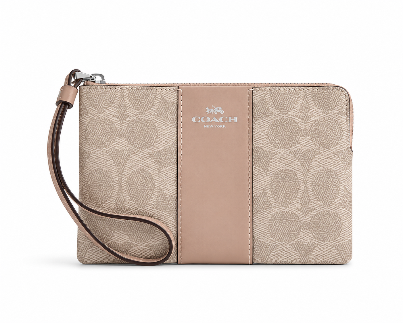 Cartera Coach Corner Zip Wristlet Signature Stripe beige