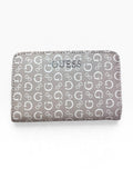 Cartera Guess compacta taupe con monograma blanco