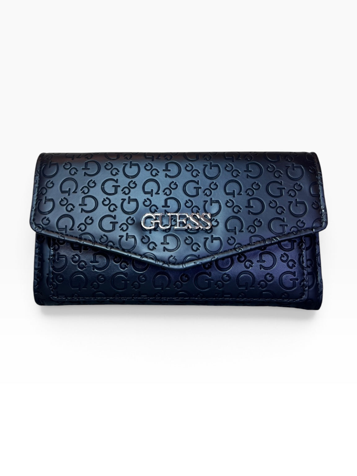Cartera Guess flap azul marino con monograma y solapa en punta V