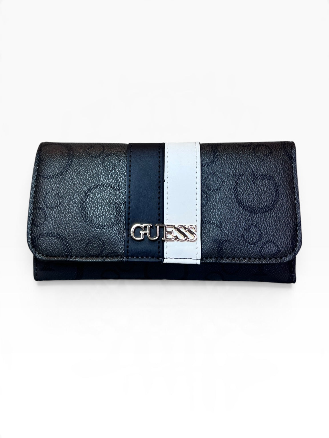 Cartera Guess negra con monograma y franja blanca