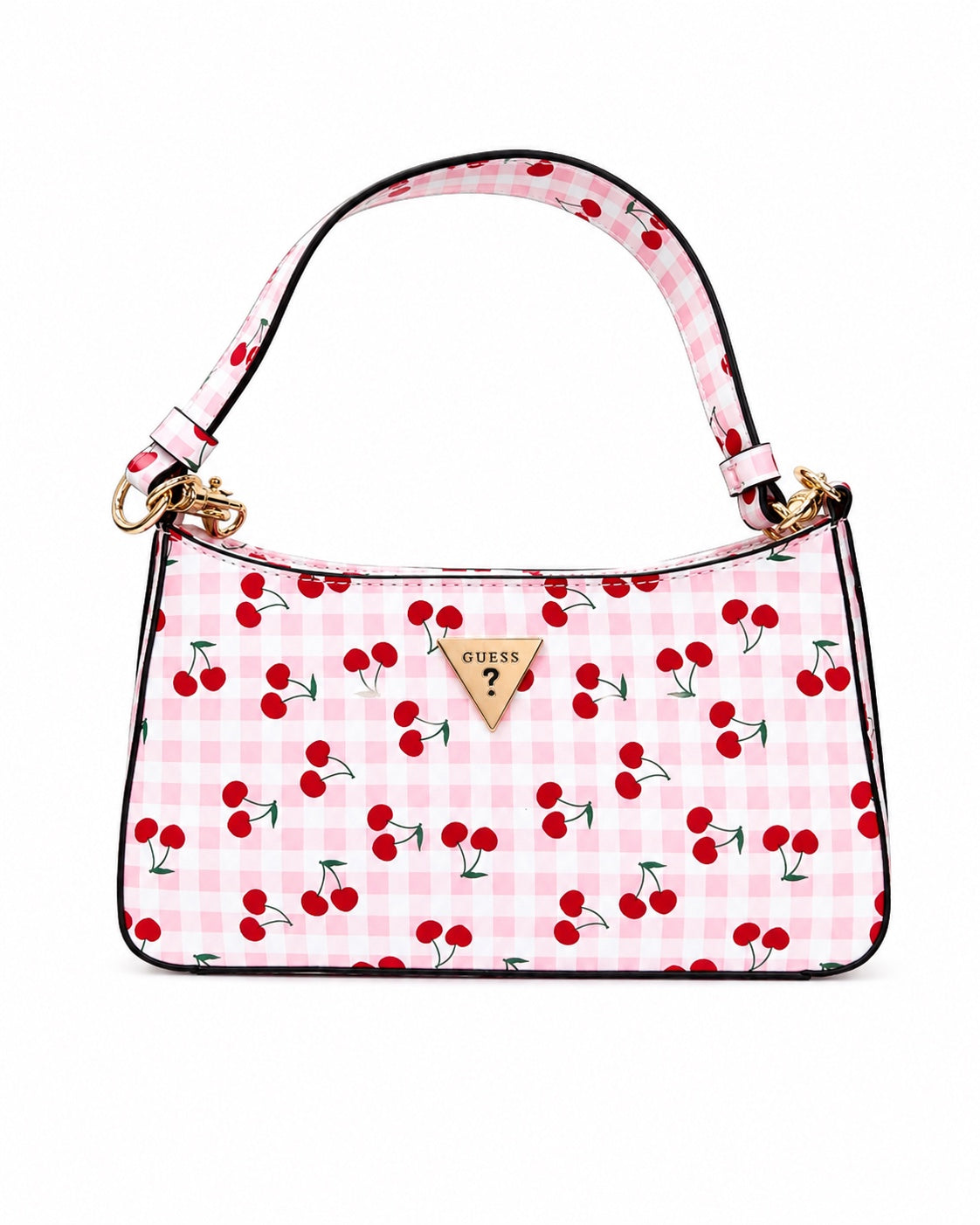 Bolsa Guess de hombro rosa con cuadros y cerezas