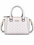 Bolso Guess blanco con monograma café, asas y correa ajustable
