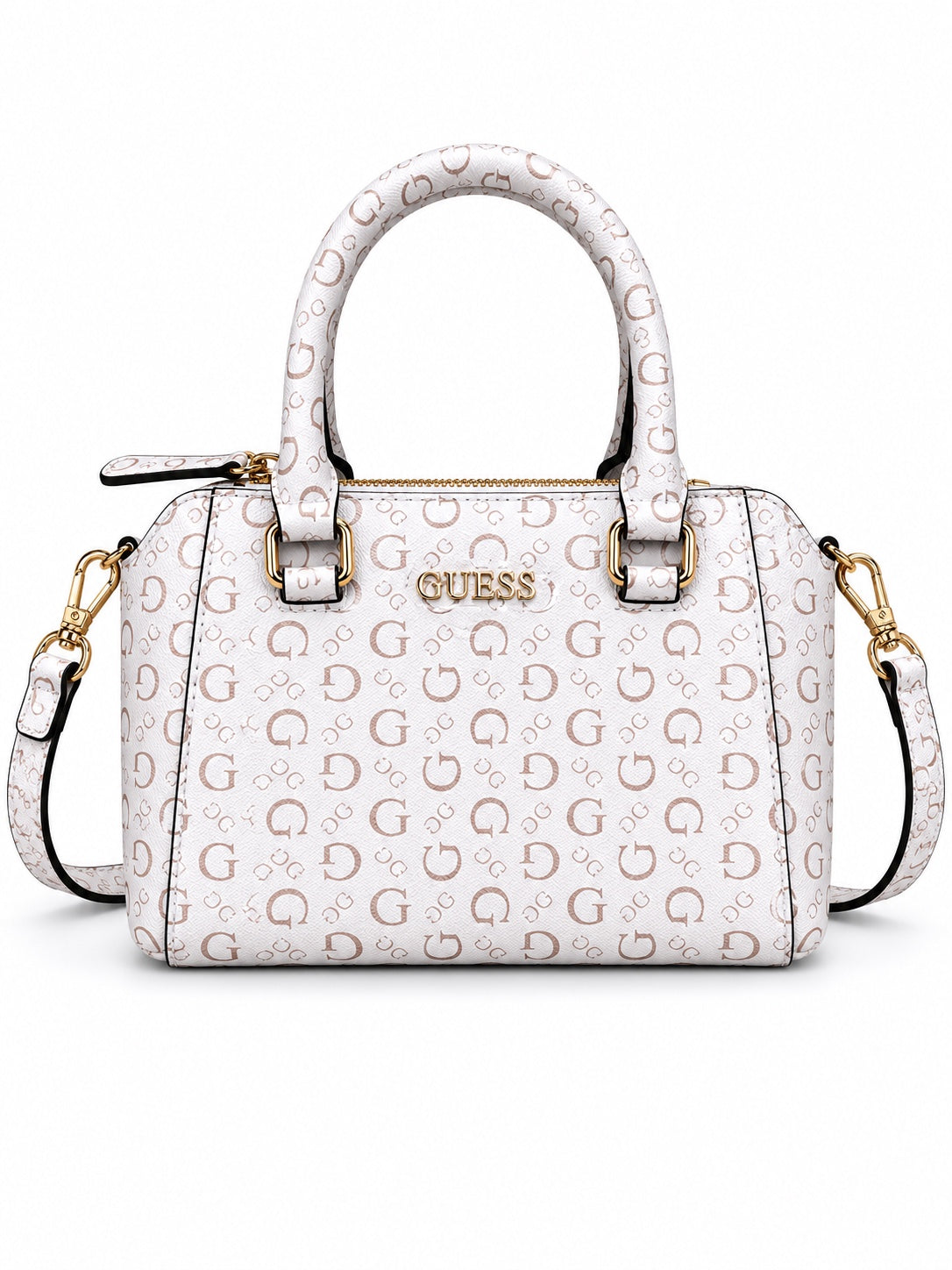 Bolso Guess blanco con monograma café, asas y correa ajustable