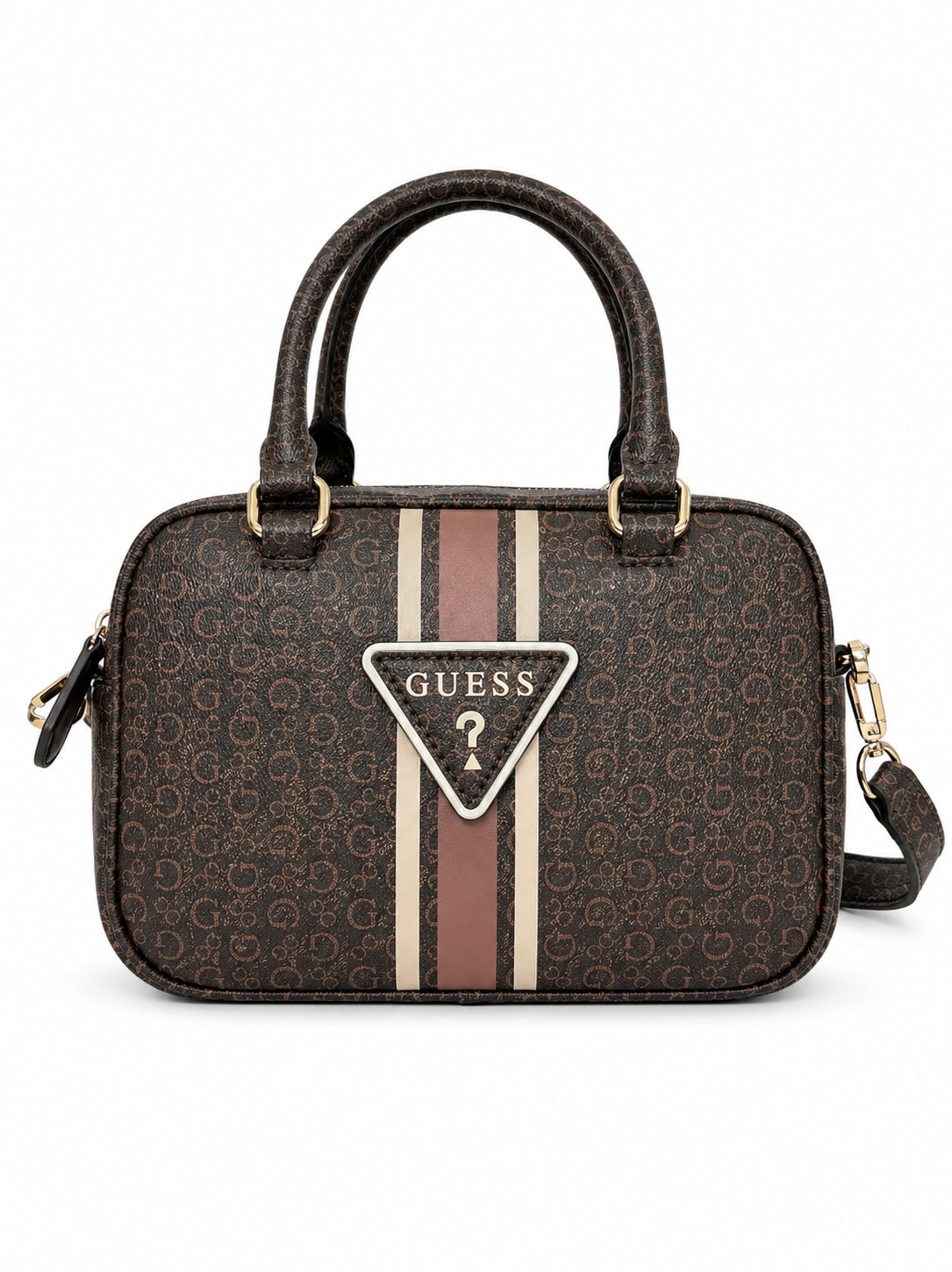 Bolso Guess café con monograma y rayas, incluye correa crossbody