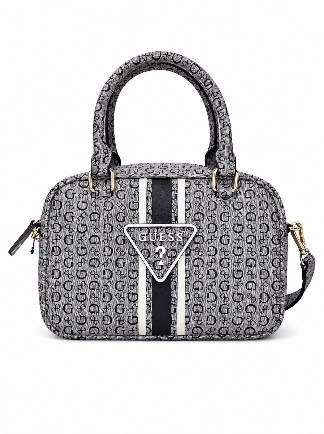 Bolso Guess gris con monograma y rayas, incluye correa crossbody