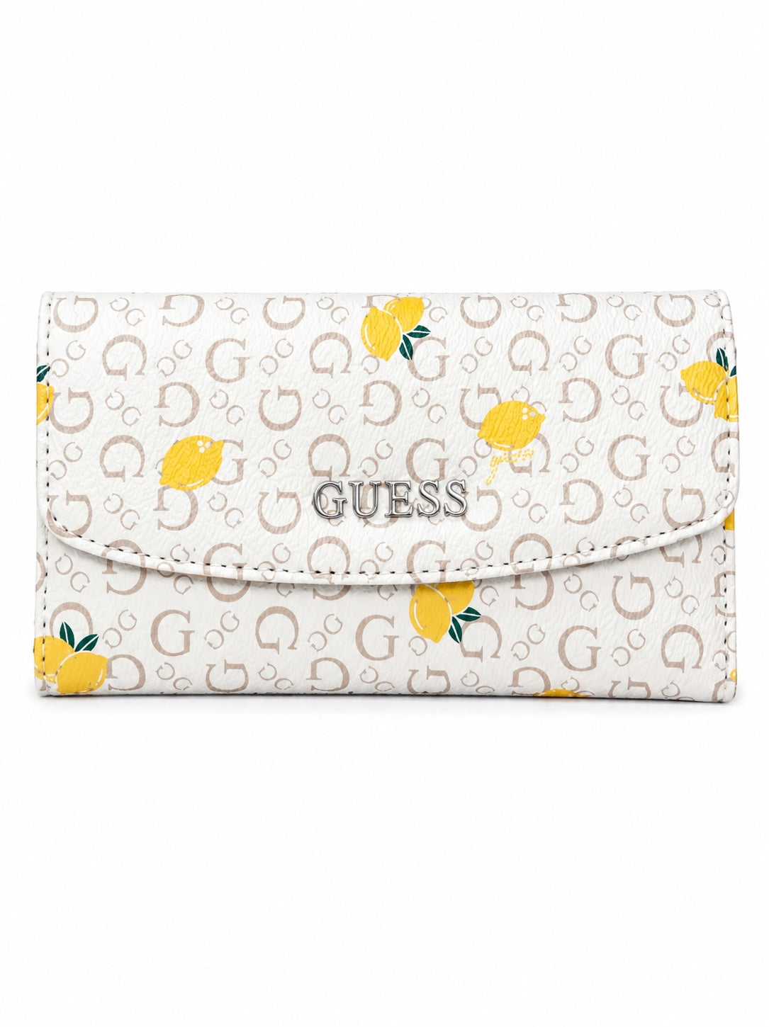 Cartera Guess blanca con monograma beige y estampado de limones