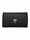 Cartera Guess negra con monograma grabado y logo triangular plateado