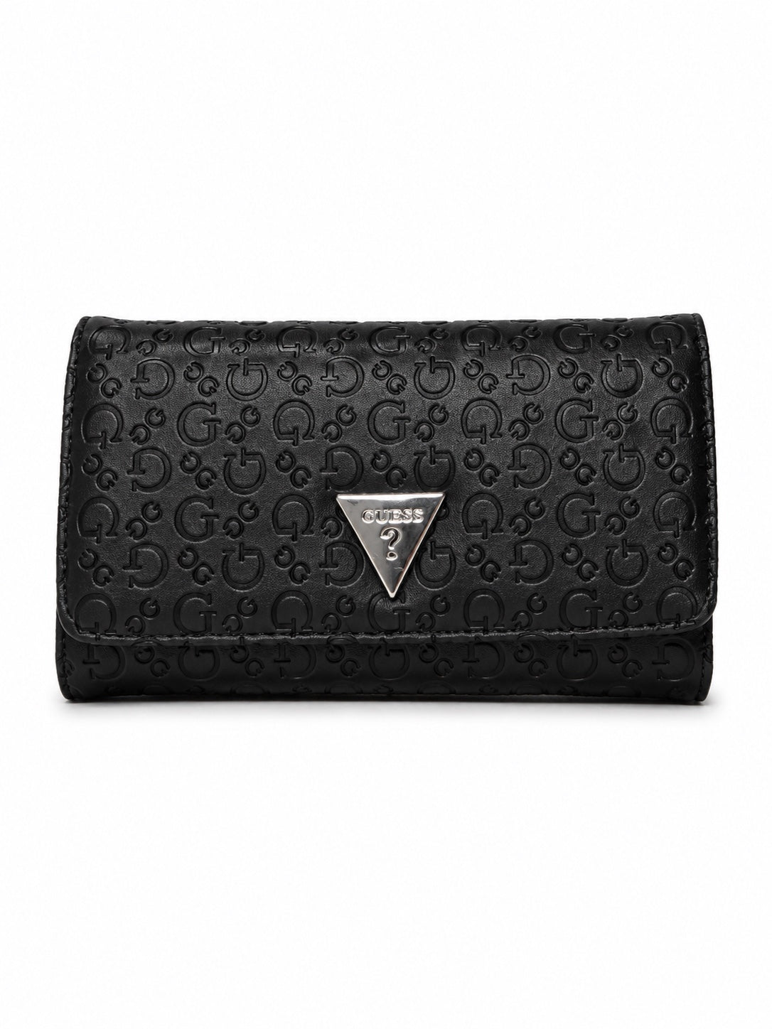 Cartera Guess negra con monograma grabado y logo triangular plateado