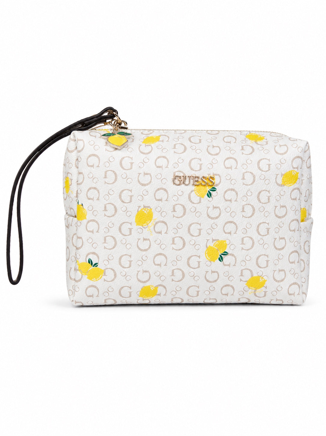 Cosmetiquera Guess blanca con estampado de limones y monograma