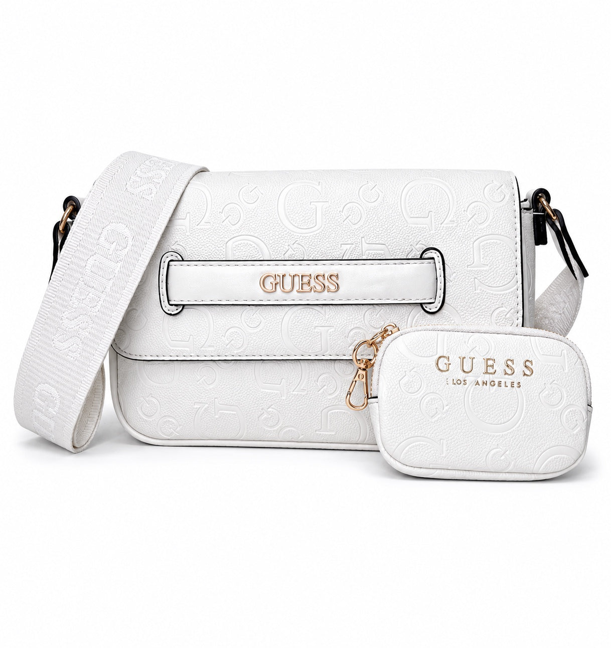 Bolsa Guess crossbody blanca con monograma en relieve y monedero