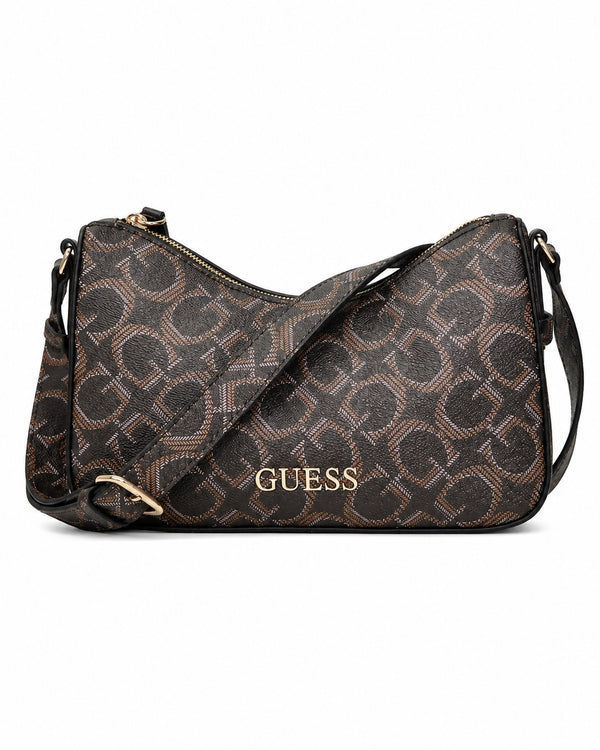 Bolsa Guess crossbody café con monograma y correa ajustable