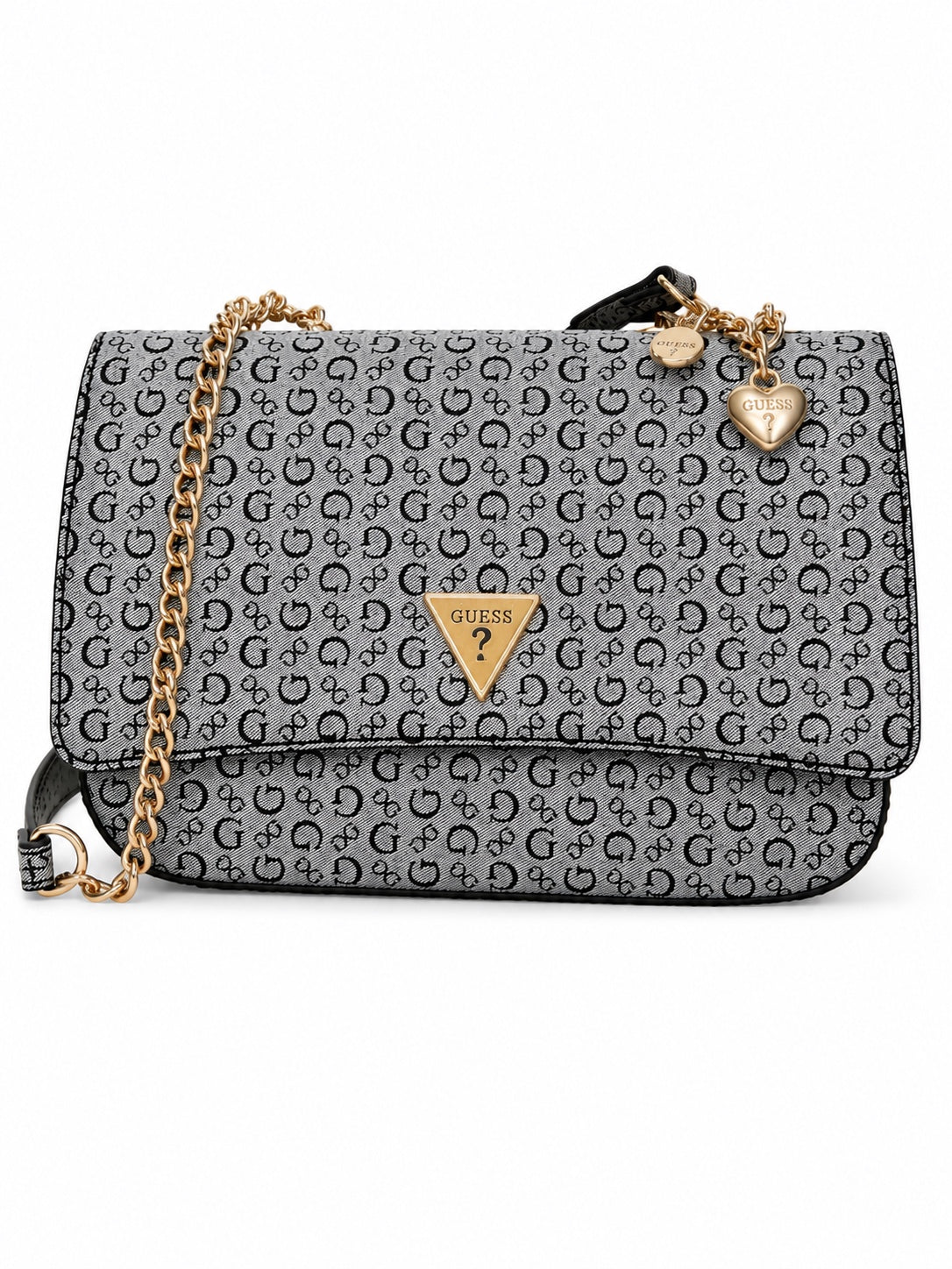 Bolso Guess crossbody gris y negro con monograma y cadena dorada