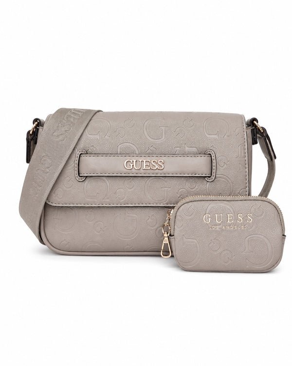 Bolsa Guess crossbody taupe con monograma y monedero