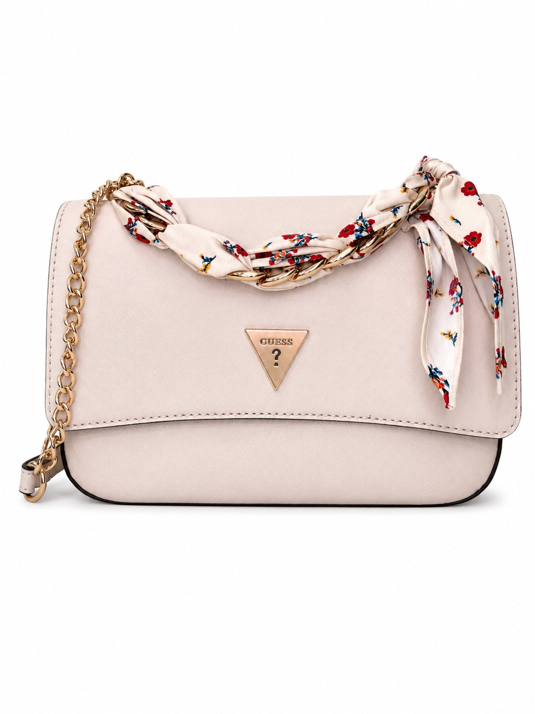 Bolso Guess crossbody rosa claro con pañuelo floral y cadena dorada