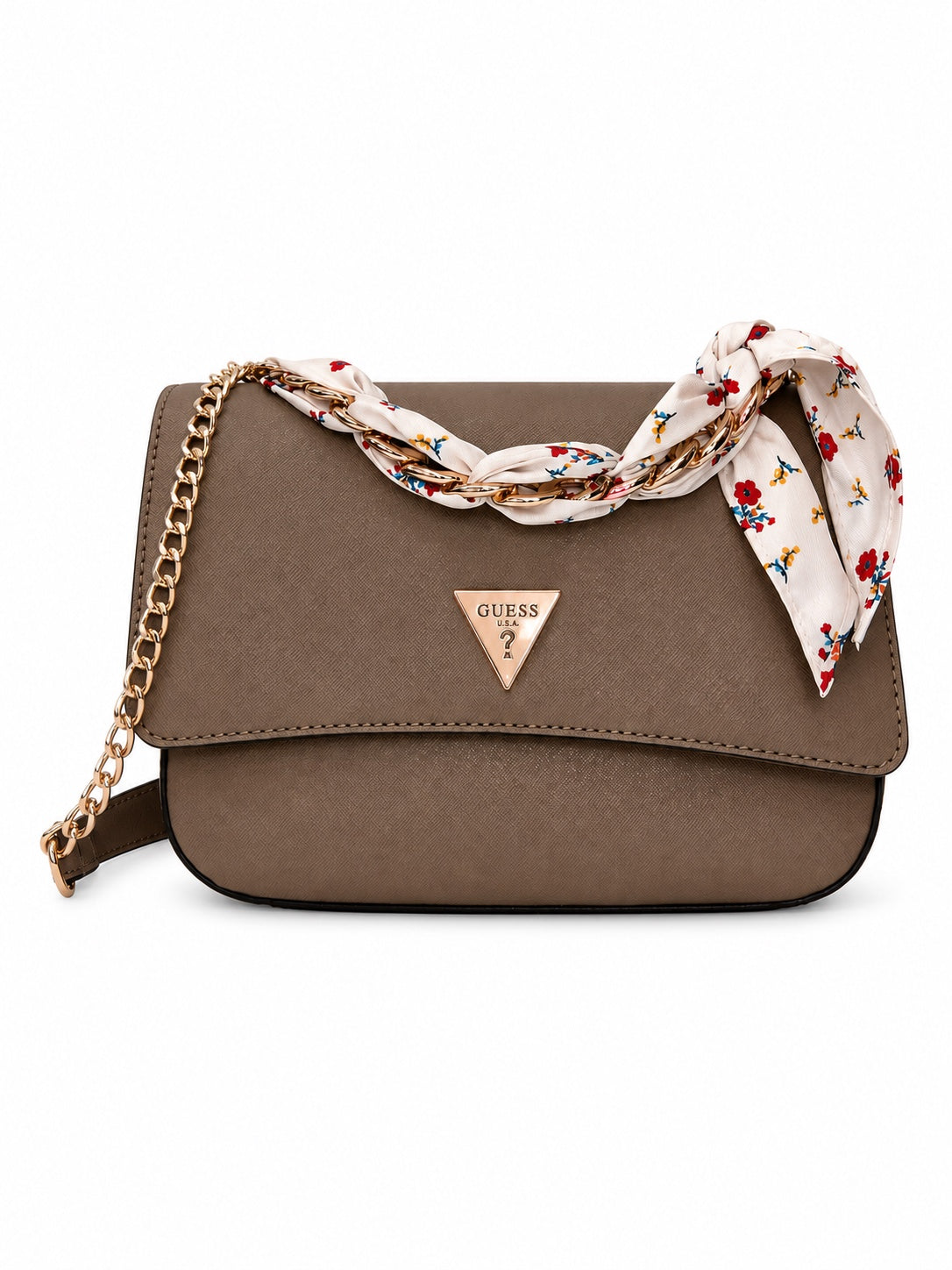 Bolso Guess crossbody taupe con pañuelo floral y cadena dorada