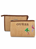 Set de cosmetiqueras Guess de rafia color natural con parches de palmera y flamingo