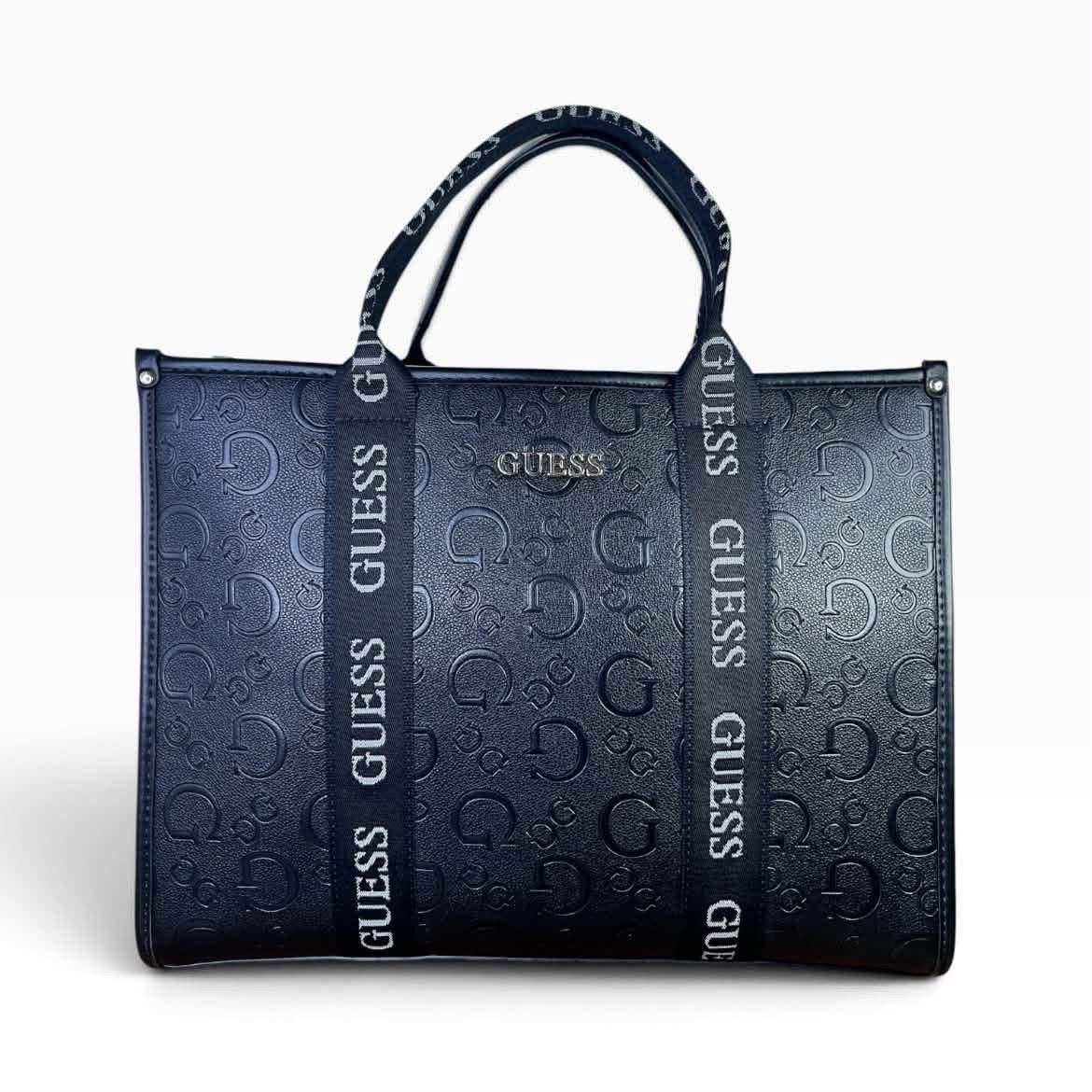 Bolsa Guess Tote Negra Monograma Cintas Logo