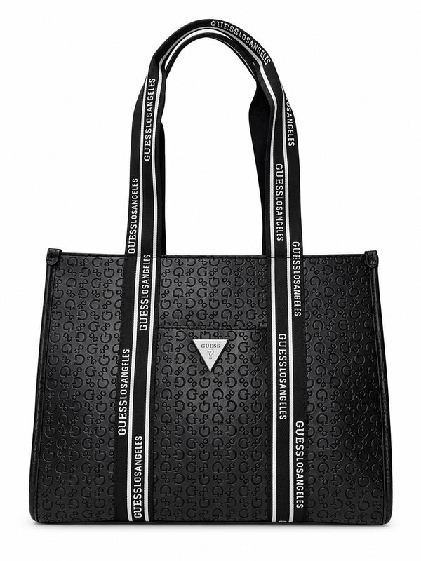 Bolsa Guess tote negra con monograma y correas con logo