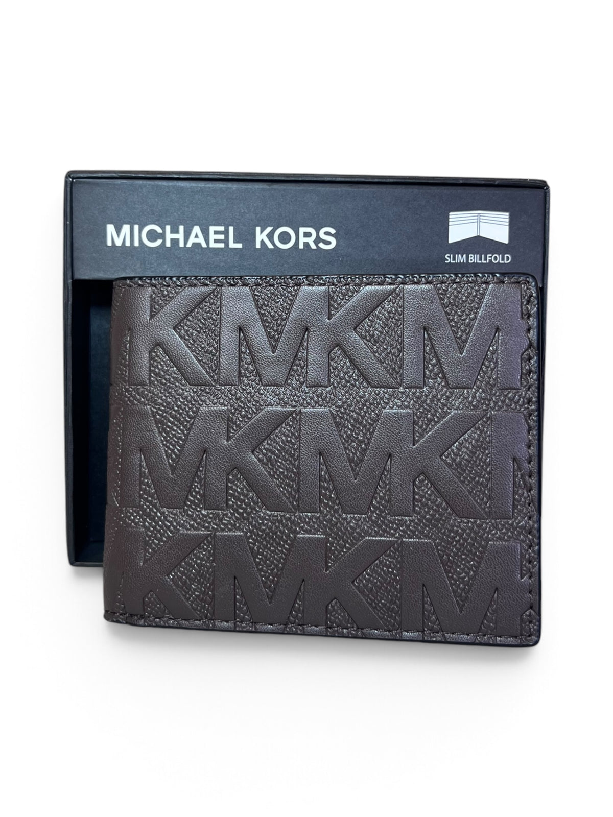 Cartera Michael Kors Slim Billfold café con logo MK grabado
