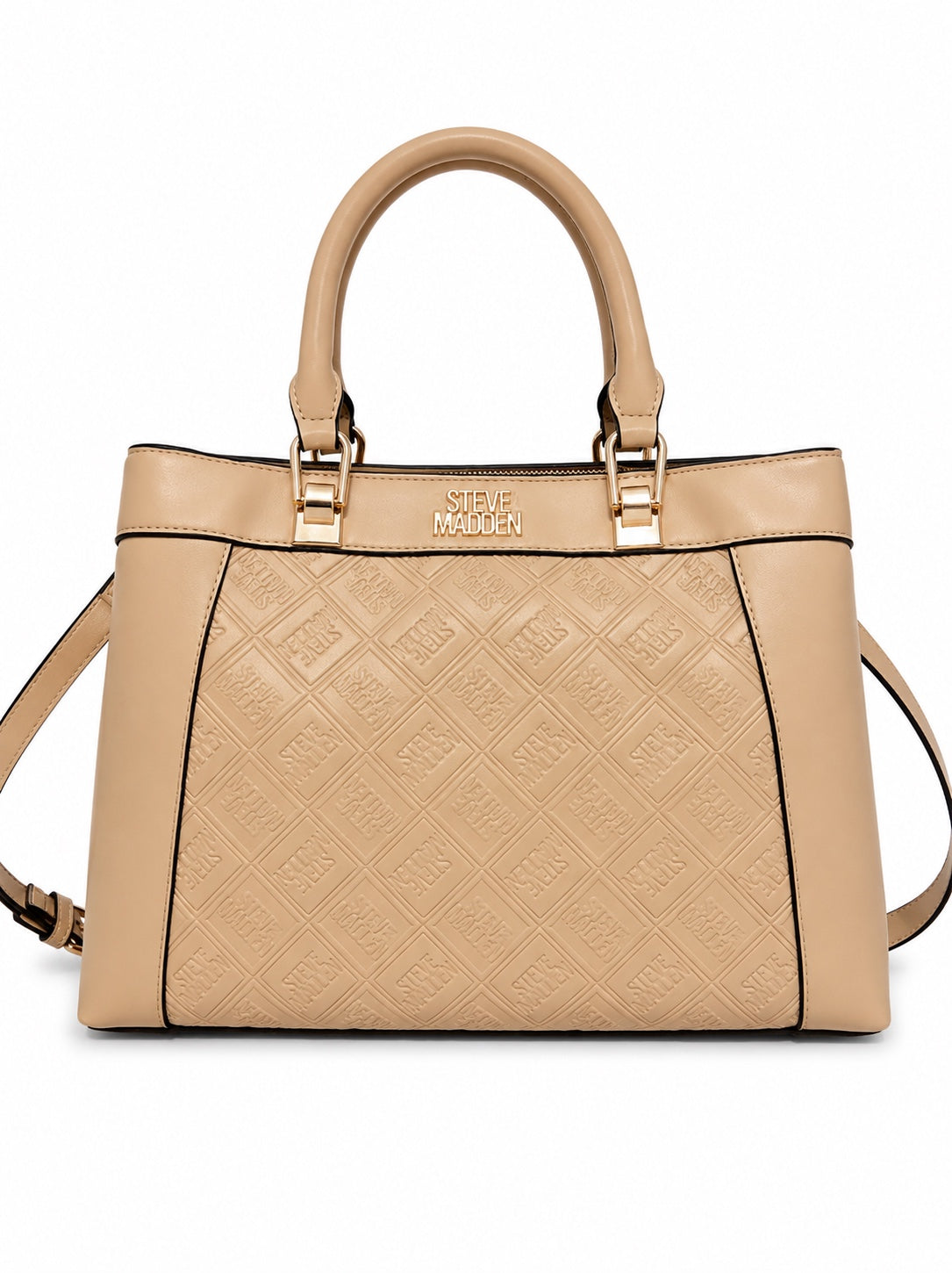 Bolso Steve Madden beige con logo en relieve y correa ajustable