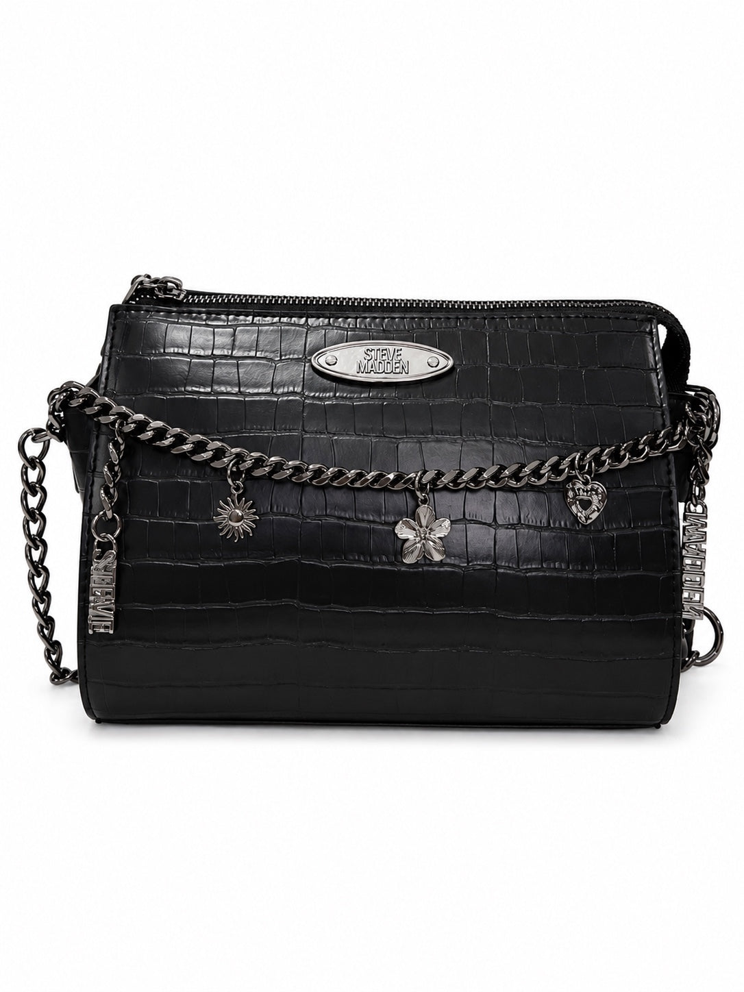 Bolso Steve Madden negro textura cocodrilo con cadena y correa crossbody