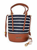 Bolso Steve Madden de rayas azul marino y blanco con detalles café y correa crossbody