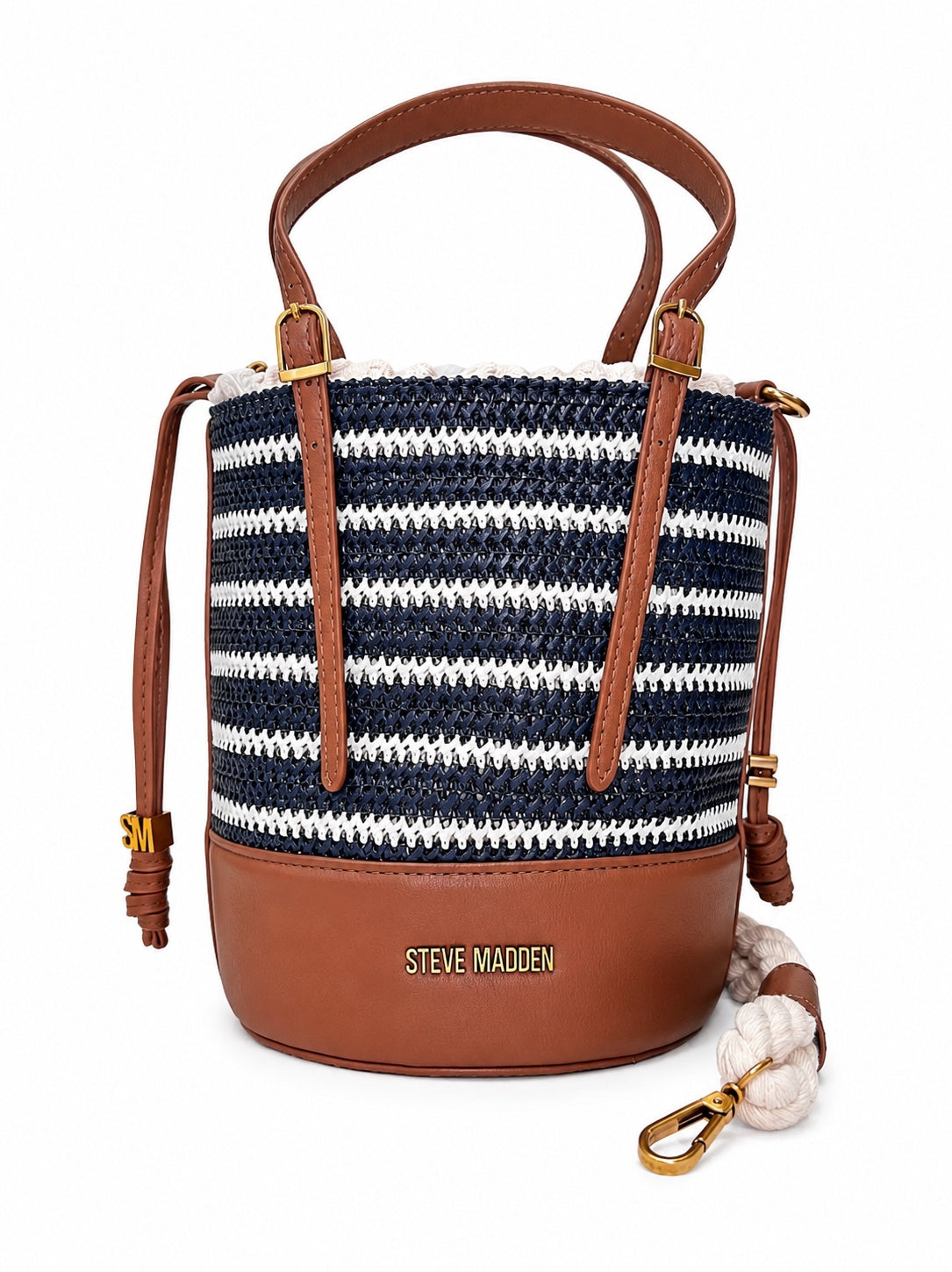 Bolso Steve Madden de rayas azul marino y blanco con detalles café y correa crossbody