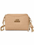 Bolso Steve Madden beige con logo en relieve, cadena dorada y correa crossbody