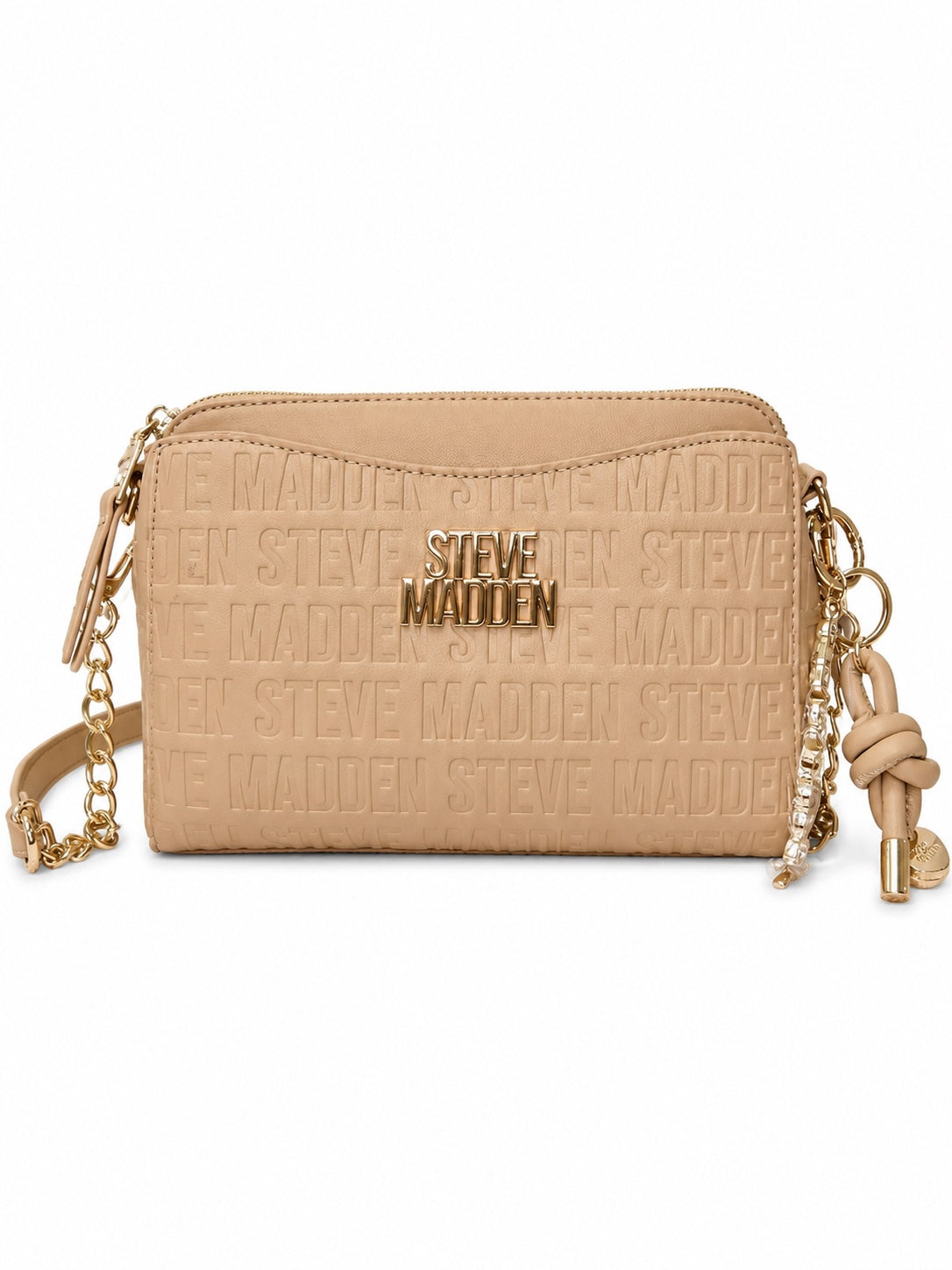 Bolso Steve Madden beige con logo en relieve, cadena dorada y correa crossbody