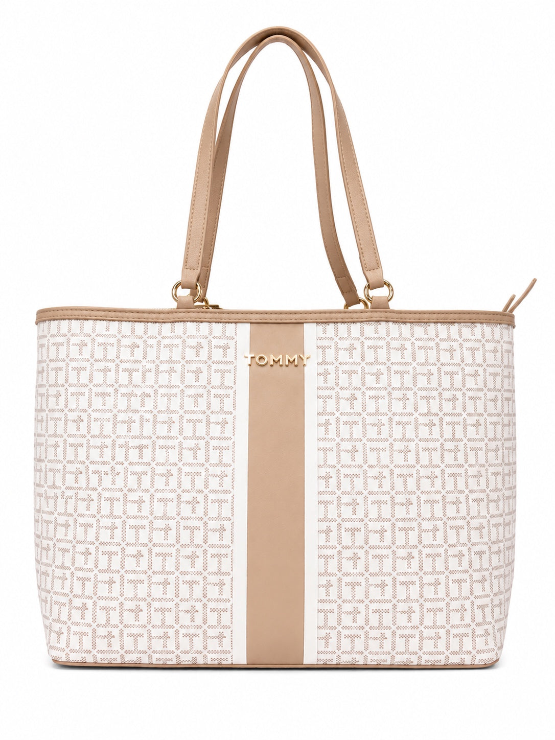 Bolso tote Tommy Hilfiger blanco y beige con monograma y asas largas